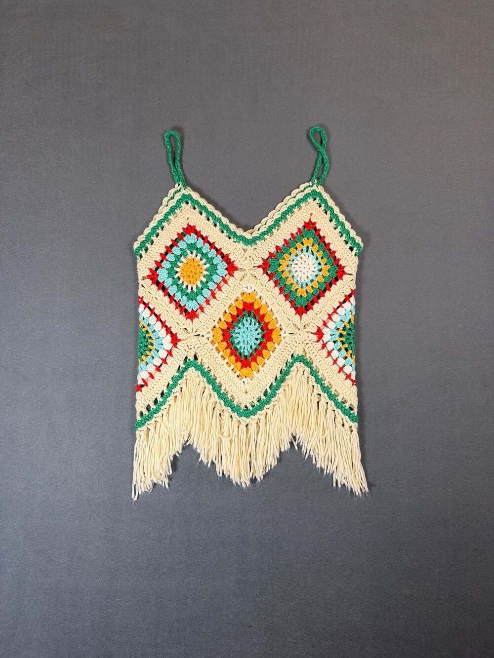 Elan Small Crochet Granny Square Fringe Tank Top Boho Festival Y2K